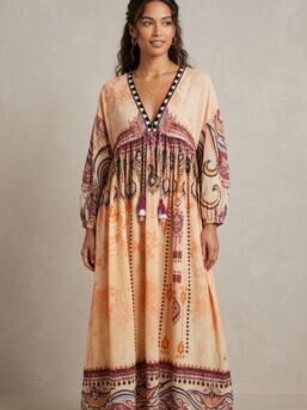 INC International Concepts Gold Boho Maxi Dress Sz XL Long Sleeve V-Neck Printed